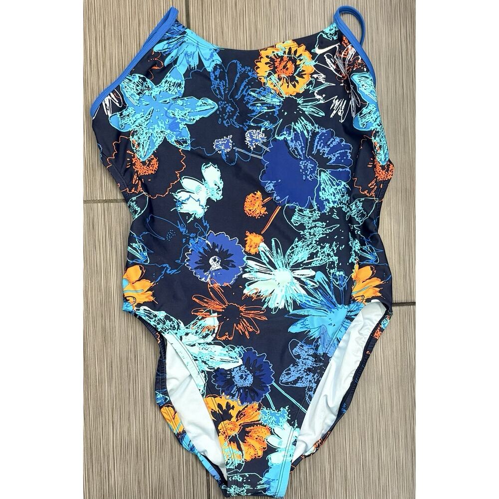 Nike Blue Floral Print One-Piece Swimsuit Size 10 Athletic